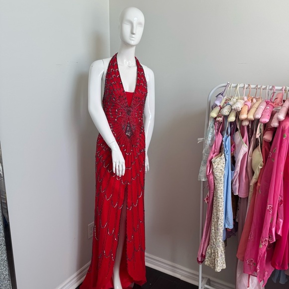 Vintage Red Beaded Gown Art Deco Revival Halter Dress | Old Hollywood Glamour 4 - Picture 3 of 12